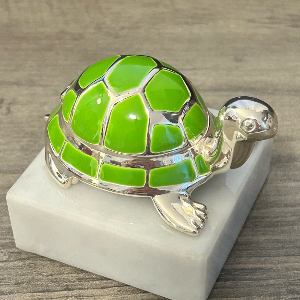 Reed & Barton Jungle Parade Turtle Tooth Fairy Box Trinket Box green silver tone